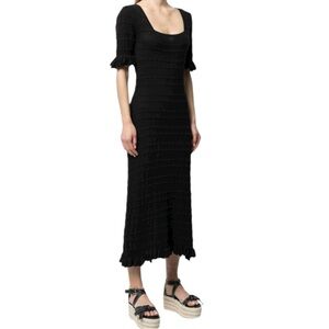Adam Lippes Stretch Black Square Neck Ruffle Cuff Midi Dress Size M